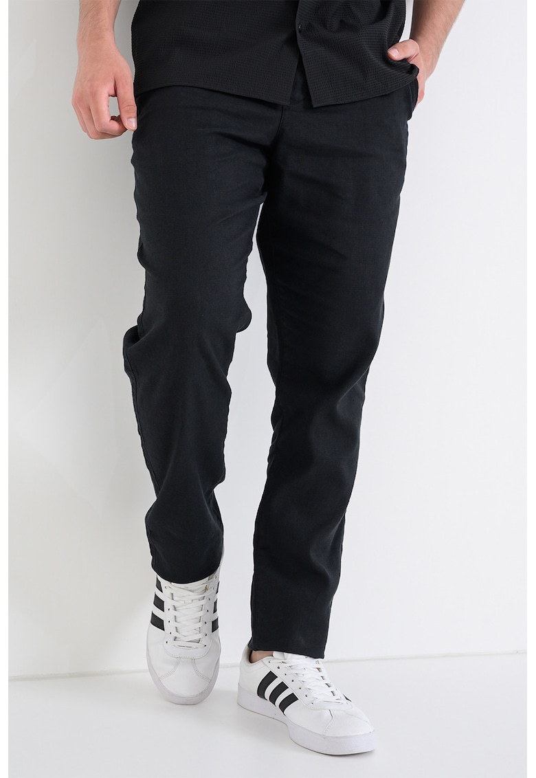 Pantaloni din amestec de in cu snur - Negru