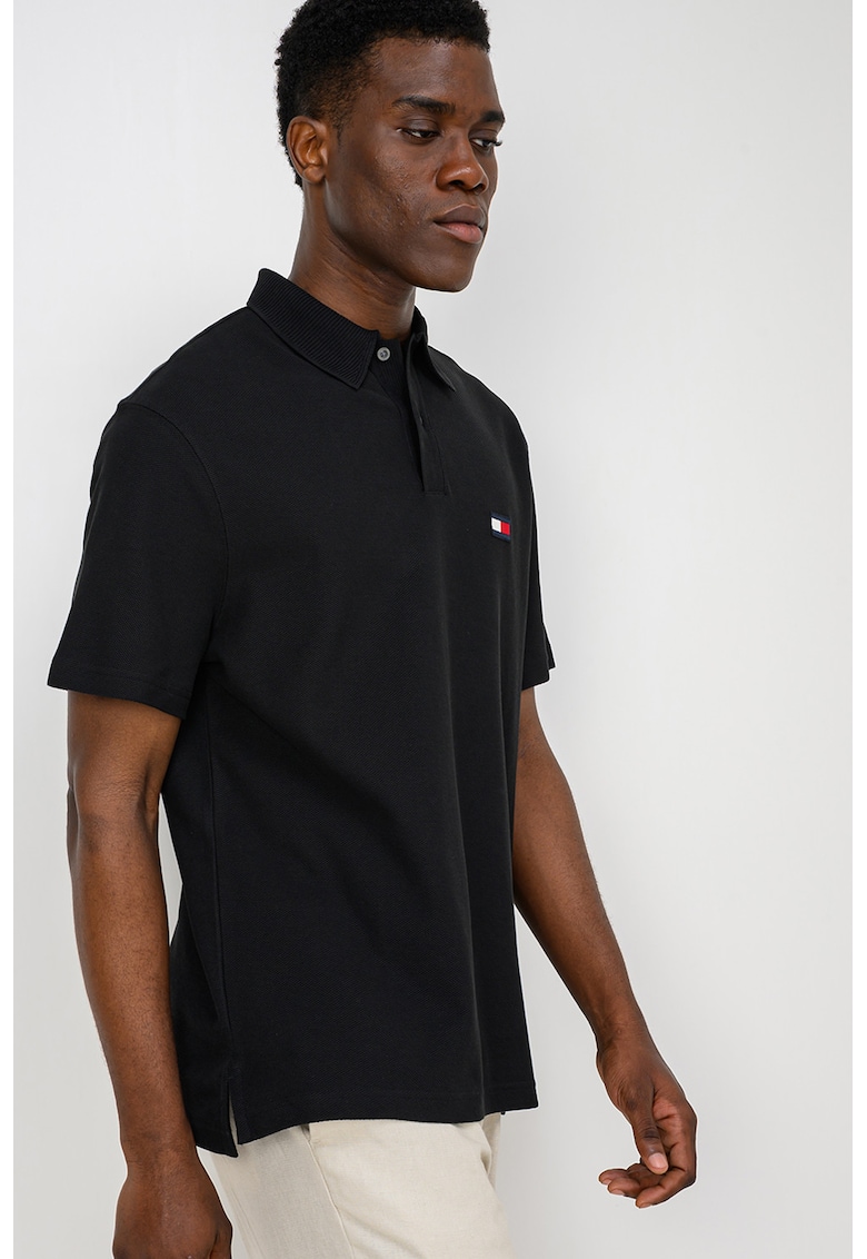 Tricou polo cu guler cu aspect striat - Negru