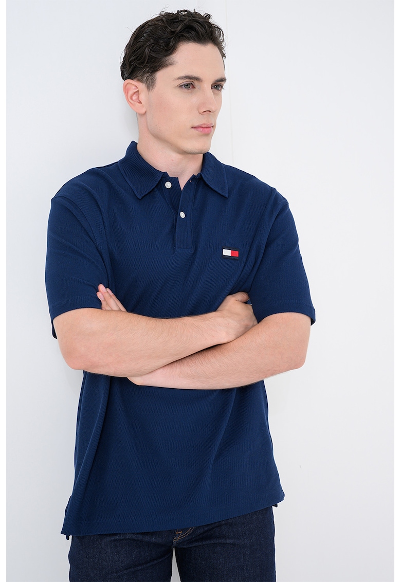 Tricou polo cu guler cu aspect striat - Albastru ultramarin