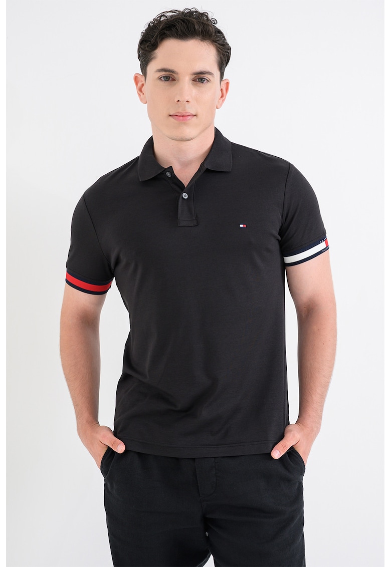 Tricou polo slim fit cu mansete contrastante - Alb/Rosu inchis/Negru carbon