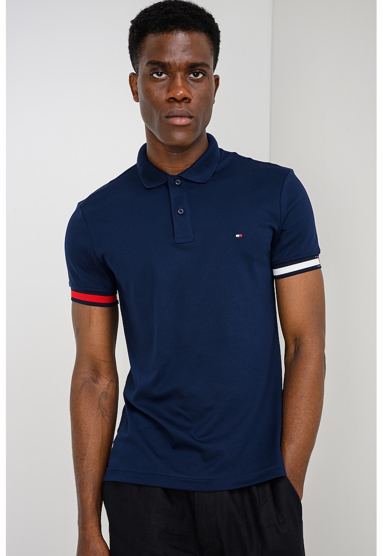 Tricou polo slim fit cu mansete contrastante - Bleumarin