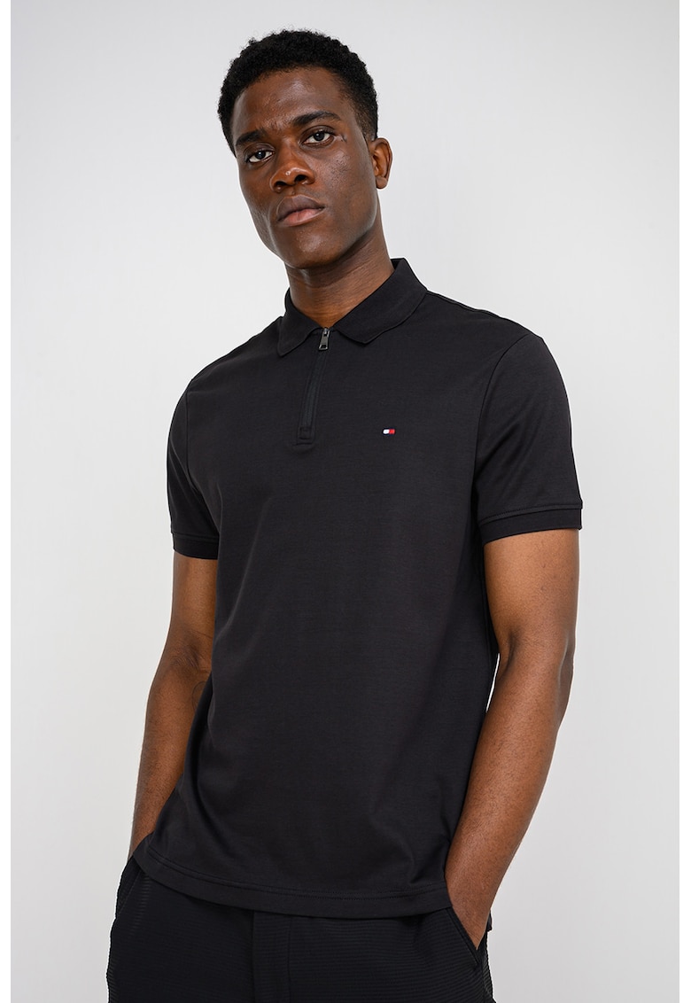 Tricou polo regular fit cu fenta scurta cu fermoar Interlock - Negru