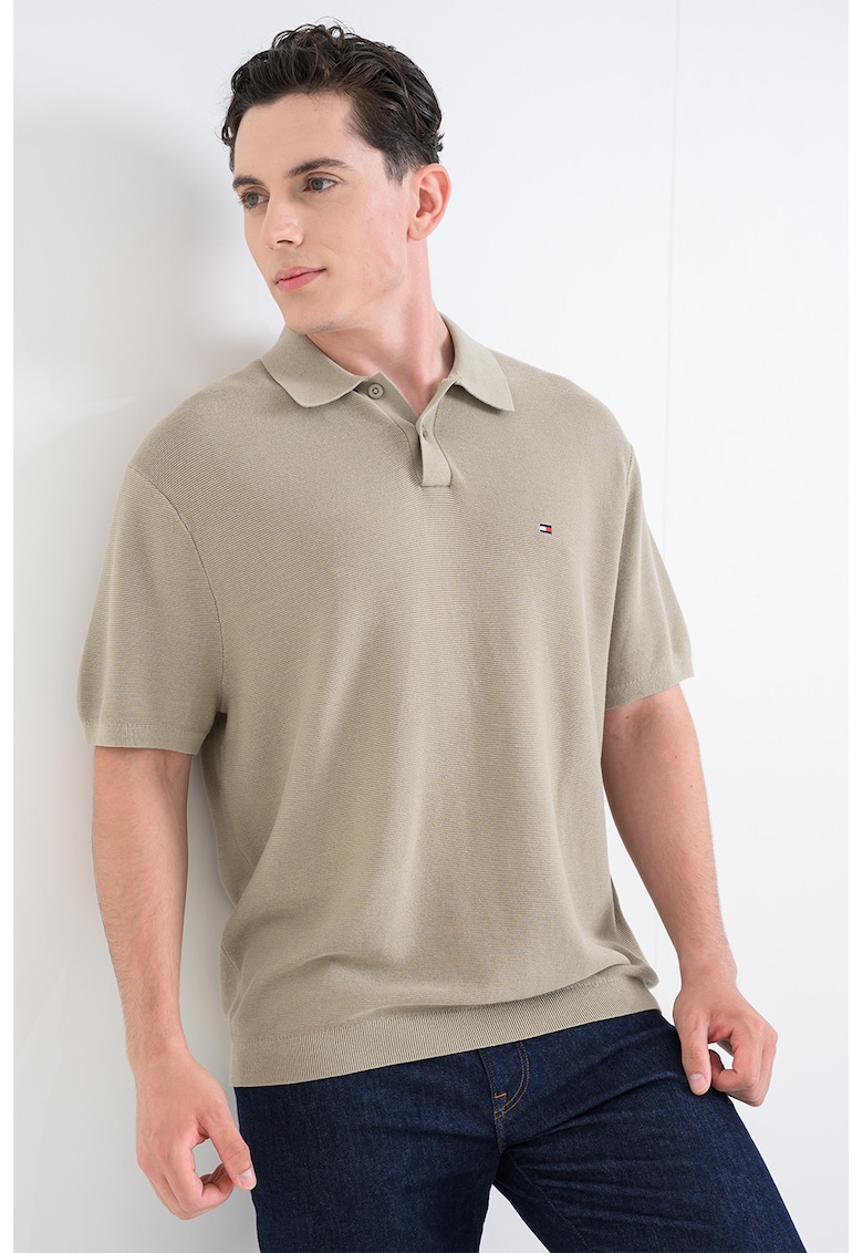 Tricou polo din bumbac organic cu detaliu cu logo discret - Masliniu deschis