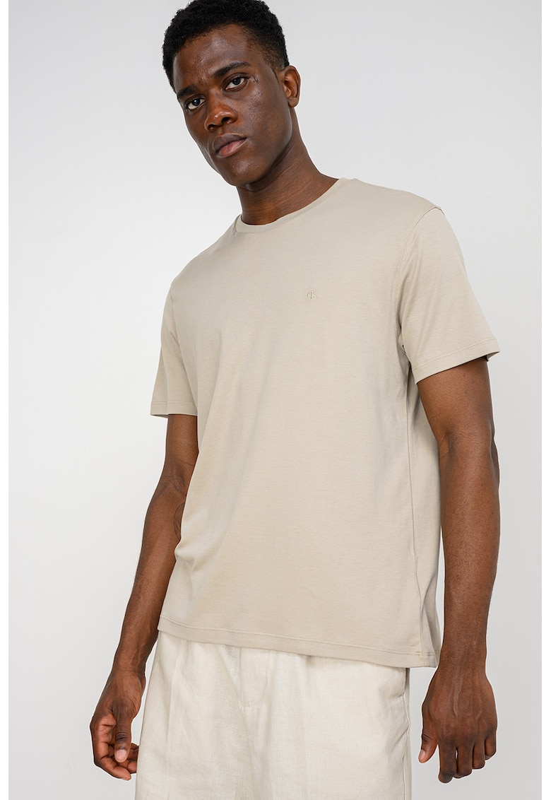 Tricou regular fit cu decolteu la baza gatului - Grej