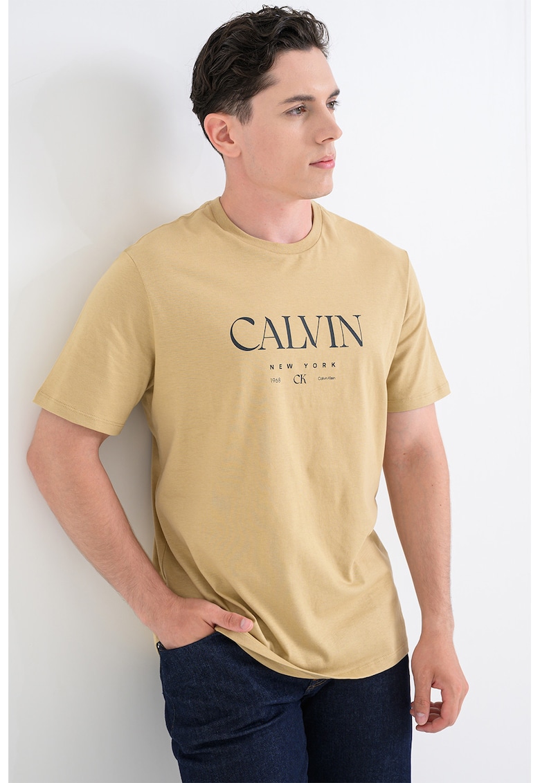 Tricou de bumbac cu logo - Ocru