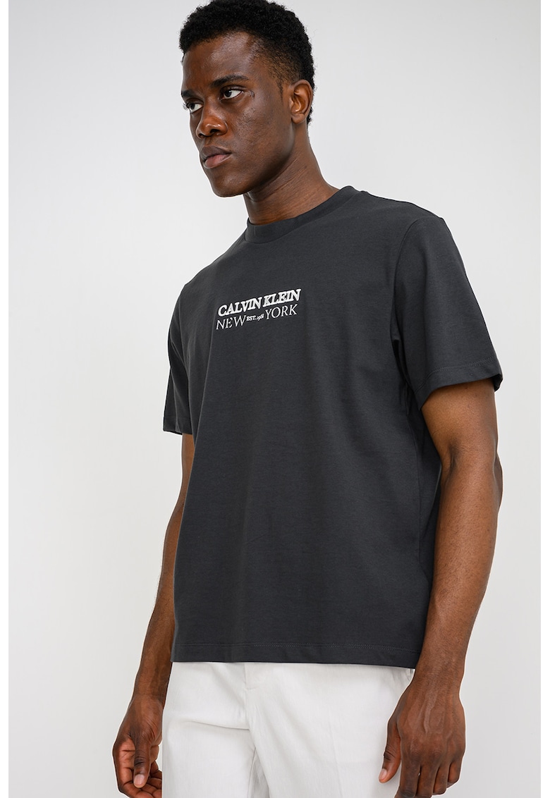 Tricou de bumbac cu logo brodat - Alb/Gri antracit