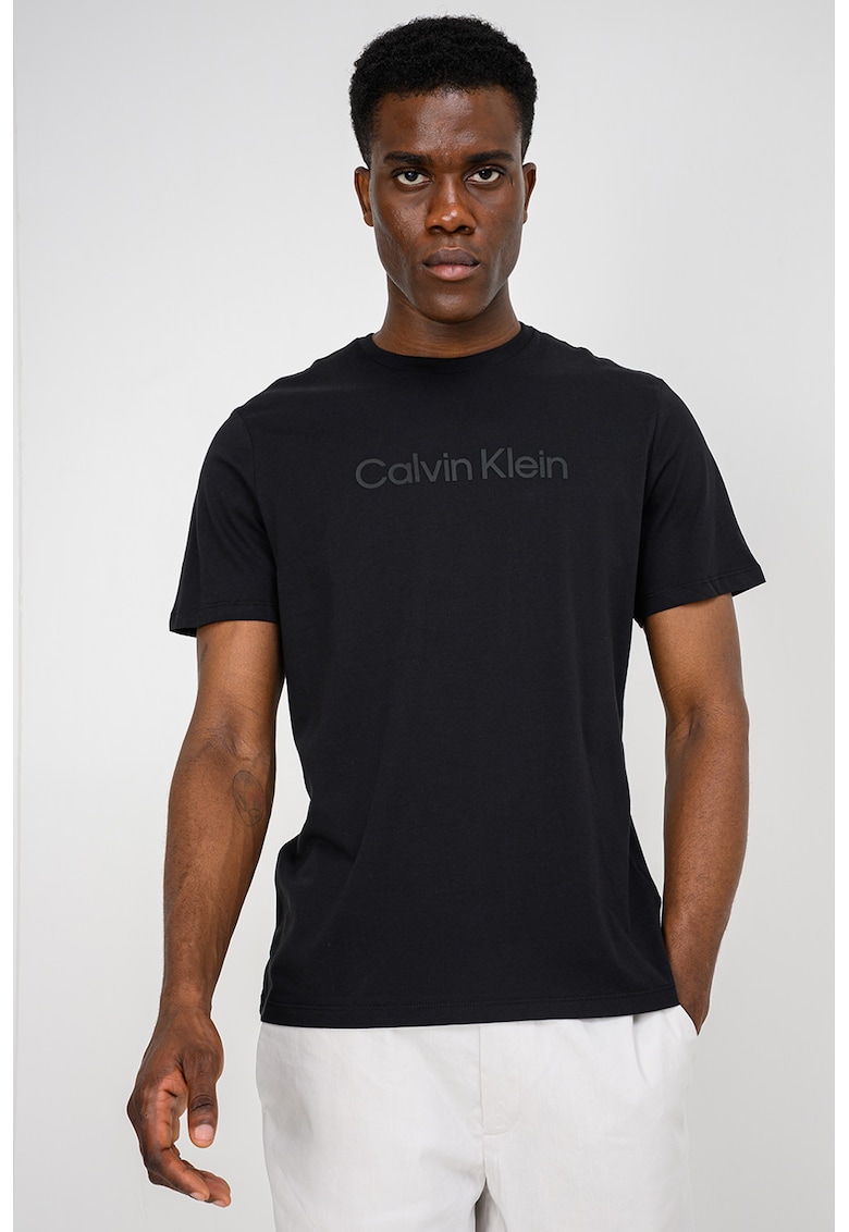 Tricou de bumbac cu decolteu la baza gatului si logo frontal - Negru