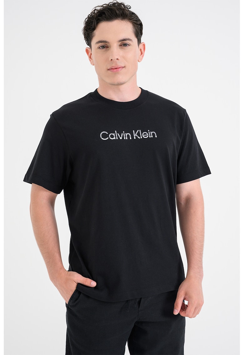 Tricou cu decolteu la baza gatului si imprimeu logo - Negru/Alb murdar
