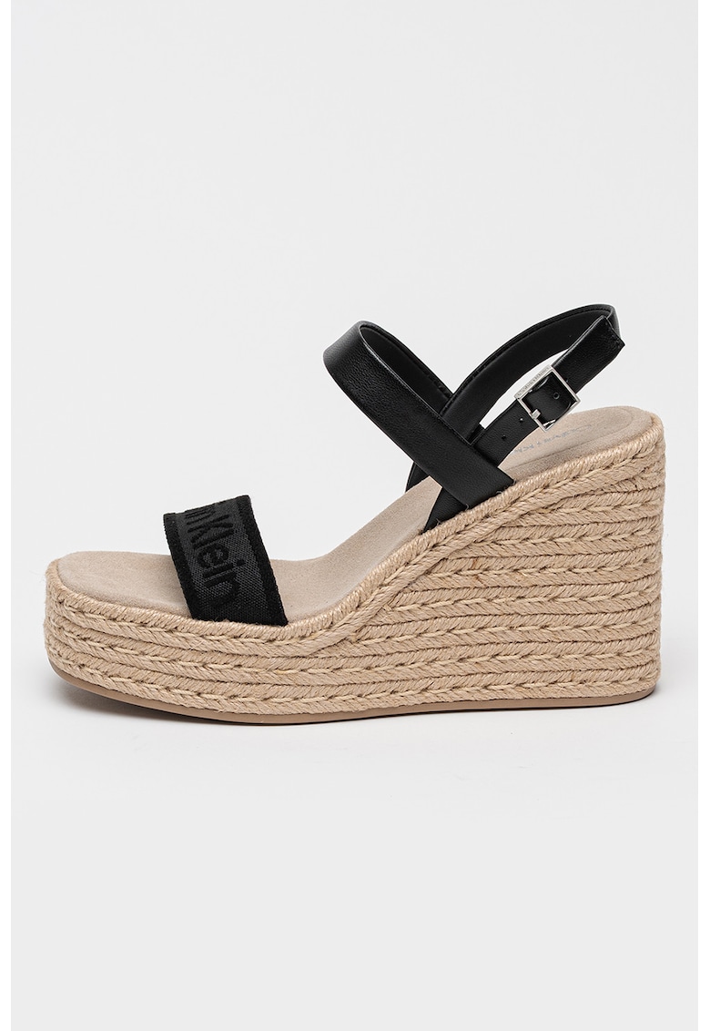 Sandale-espadrile wedge de piele si material textil - Negru stins