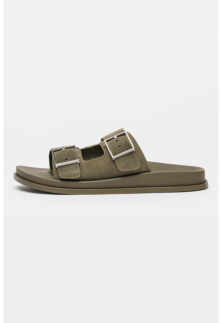 Papuci de piele intoarsa si catarama - Verde stins