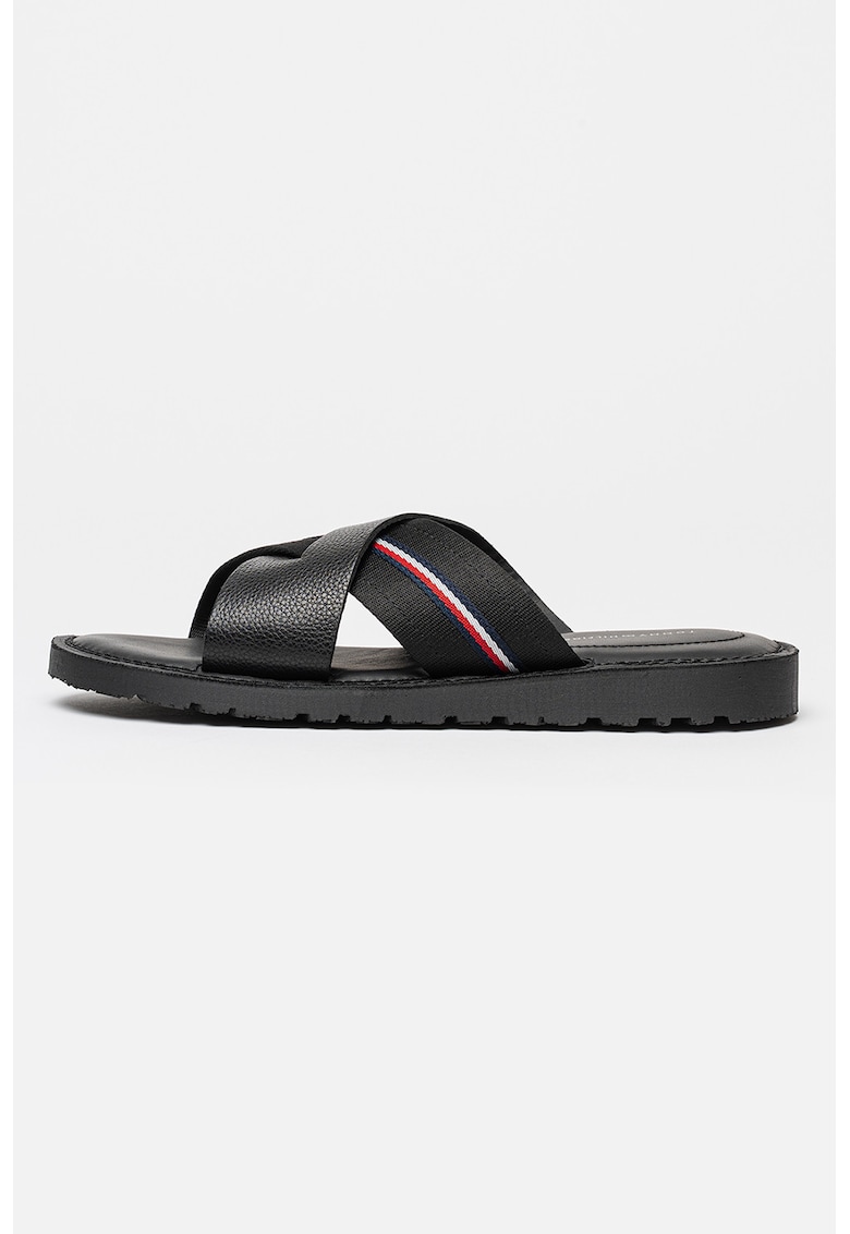 Papuci de piele cu insertii textile - Negru carbon