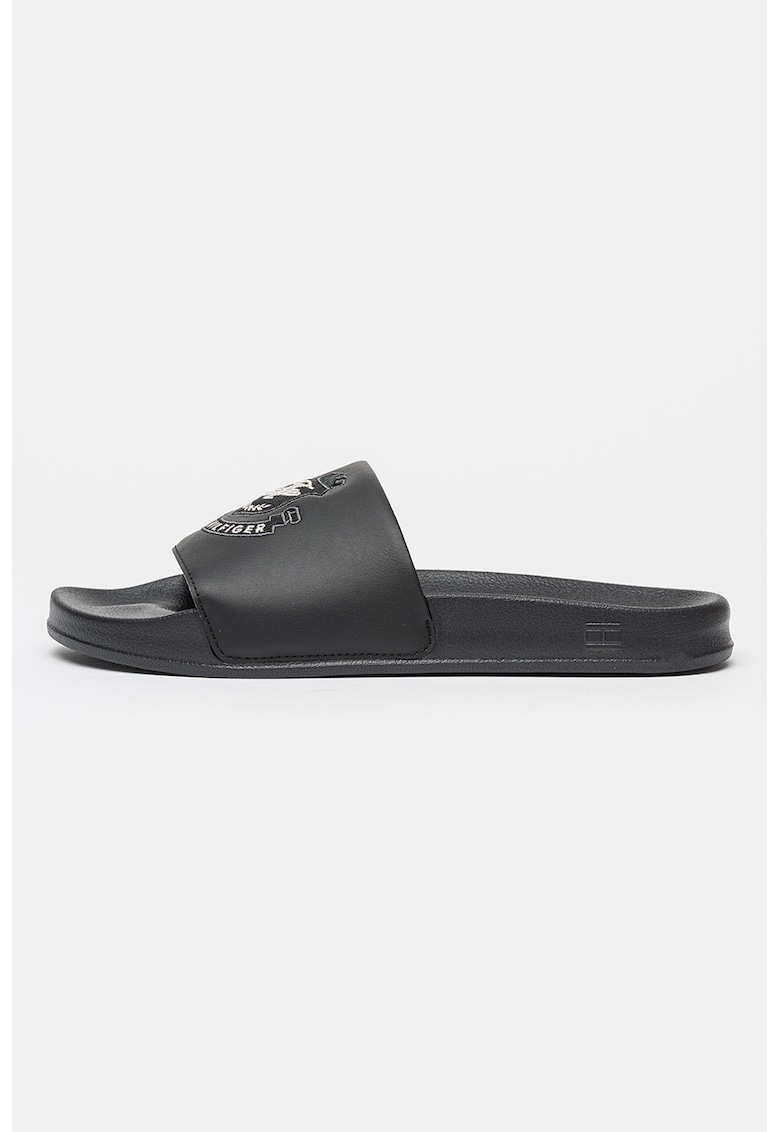 Papuci de piele ecologica cu logo - Negru carbon