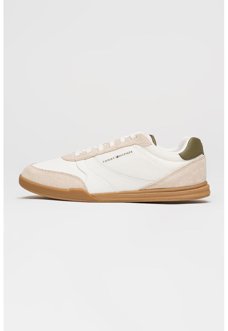 Pantofi sport low-cut cu garnituri din piele intoarsa - Alb/Bej inchis