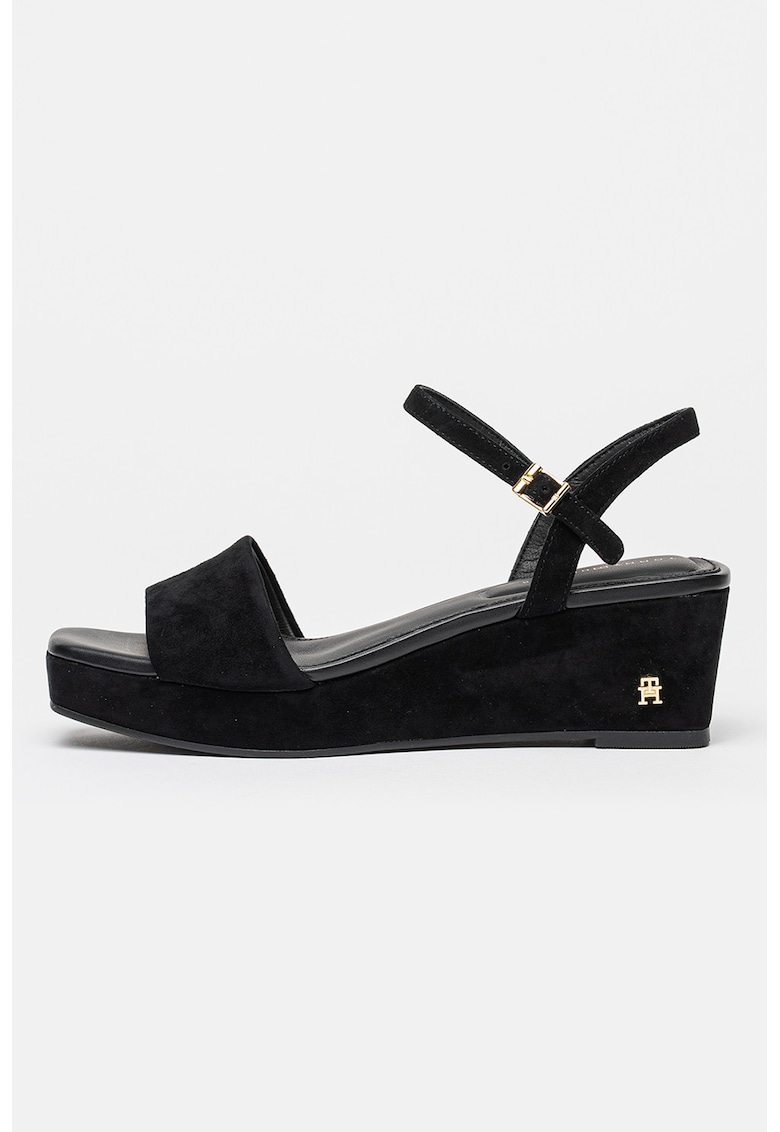 Sandale wedge de piele intoarsa - Negru stins