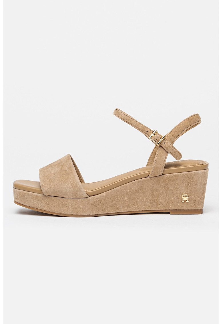 Sandale wedge de piele intoarsa - Bej inchis