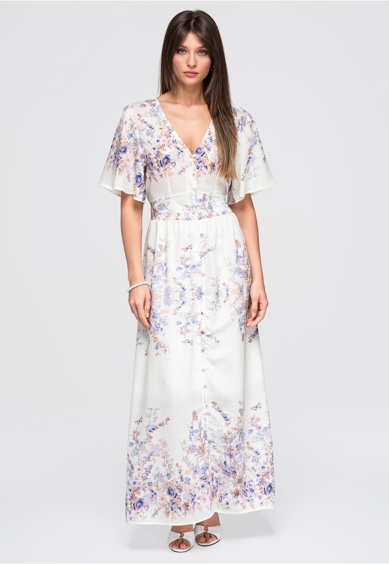 Rochie maxi cu decolteu in V - maneci scurte si imprimeu floral LA-OM-DLR380 - Alb