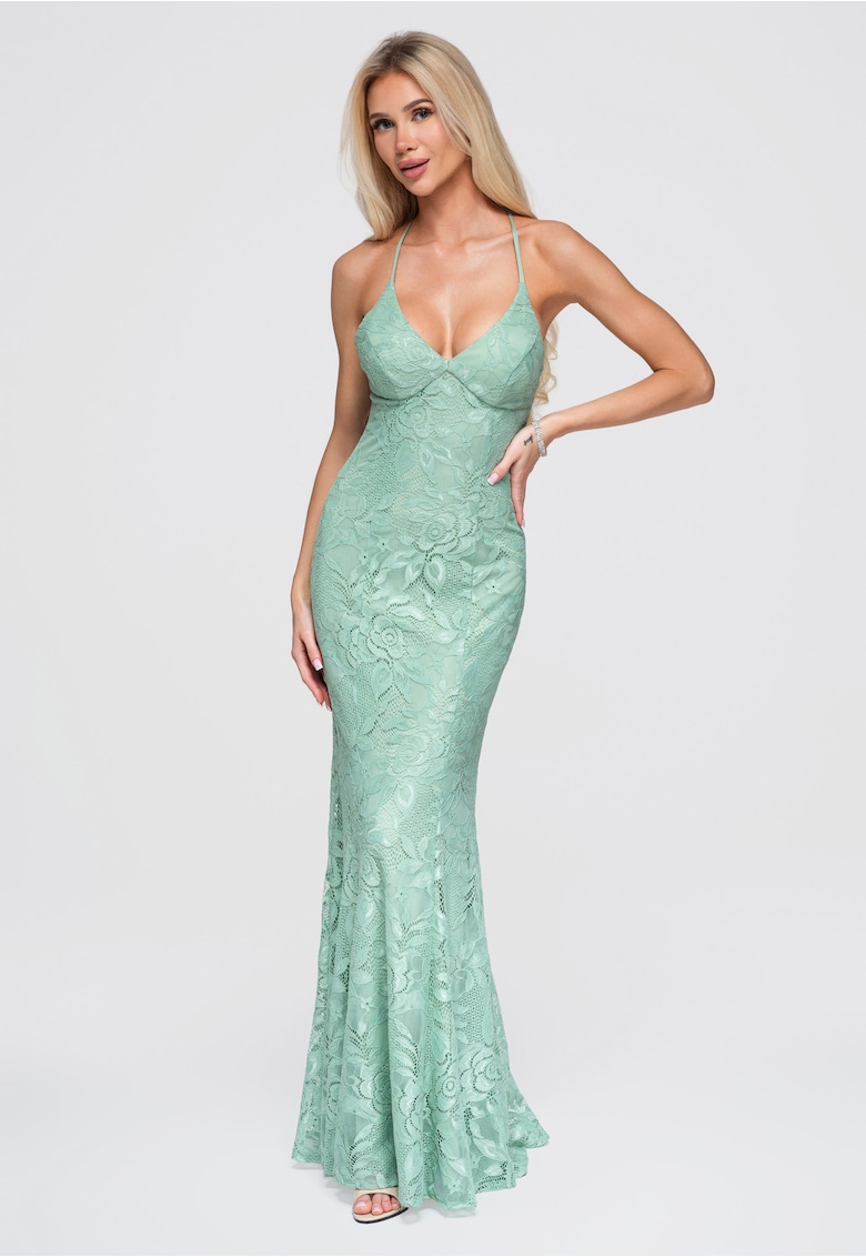 Rochie maxi cu decolteu in V si spate descoperit - croi ajustat - rochie de seara - Verde