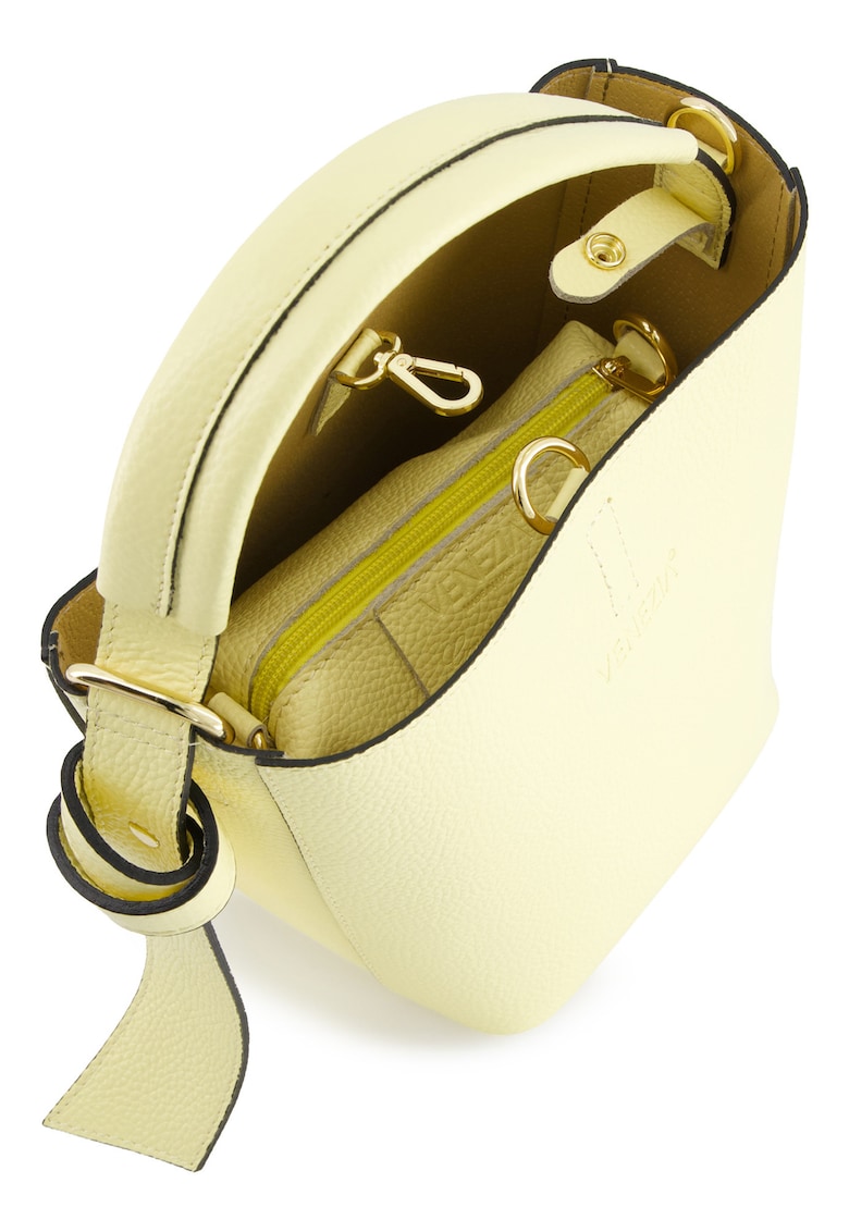 Geanta dama kufer piele naturala galben 20x22x14cm curea detasabila aurii