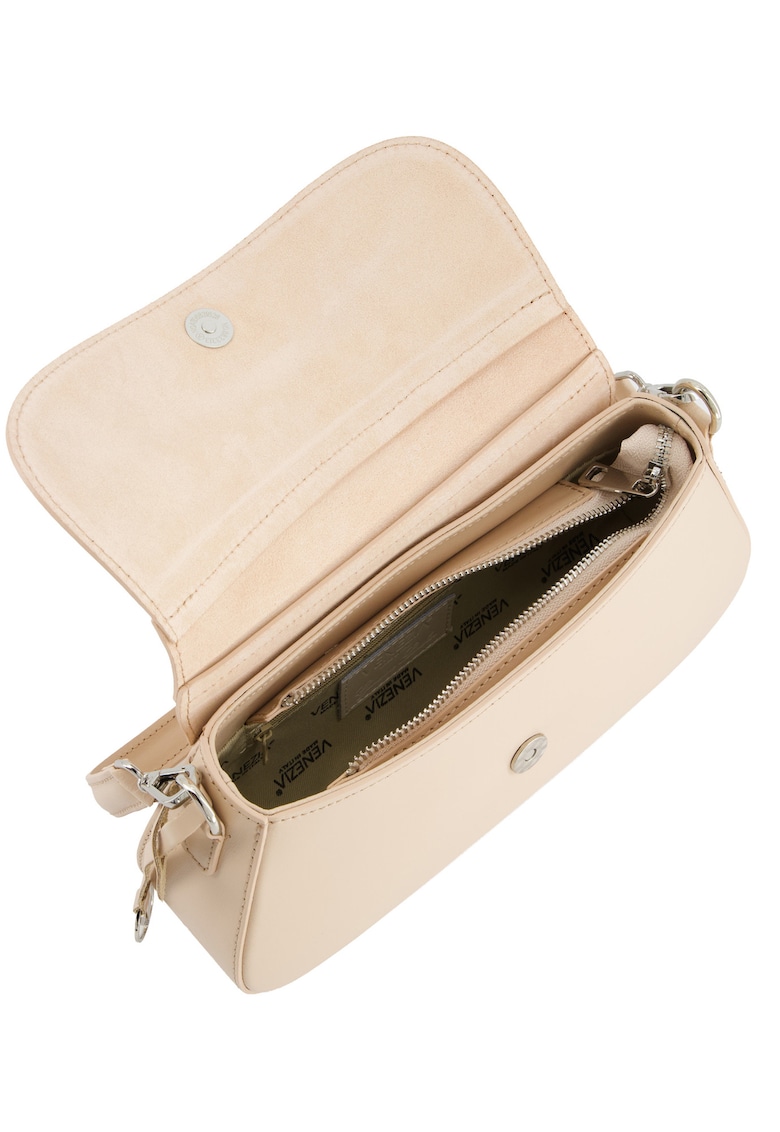 Geanta dama bagheta piele naturala bej 27x6.5x14cm maner si curea detasabile argintiu