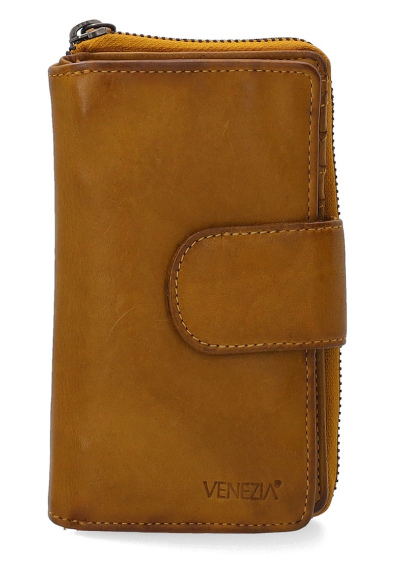 Portofel dama piele naturala galben 16x10cm cu buzunar exterior