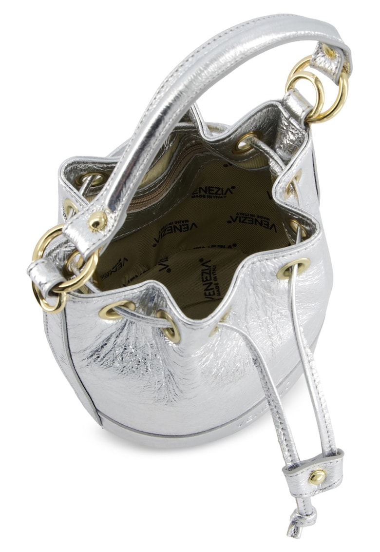 Geanta dama Bucket argintiu metalizat piele naturala 18x22x12cm