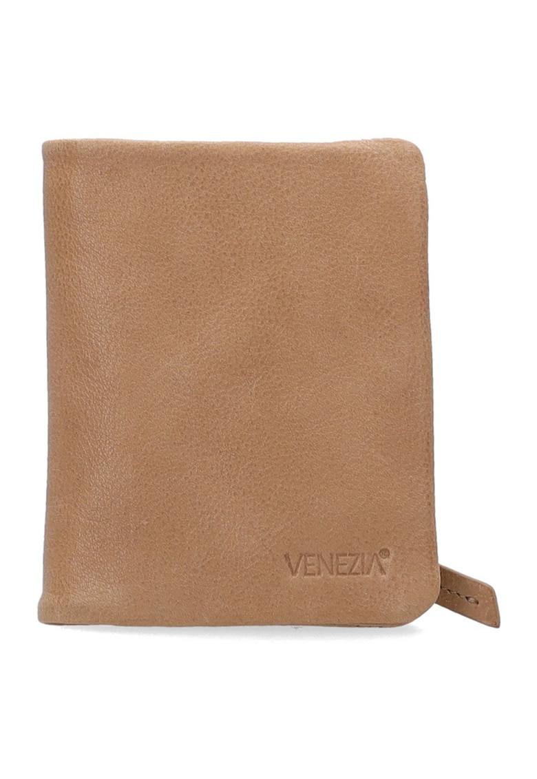 Portofel dama piele naturala bej 12x10cm cu capsa si buzunar exterior