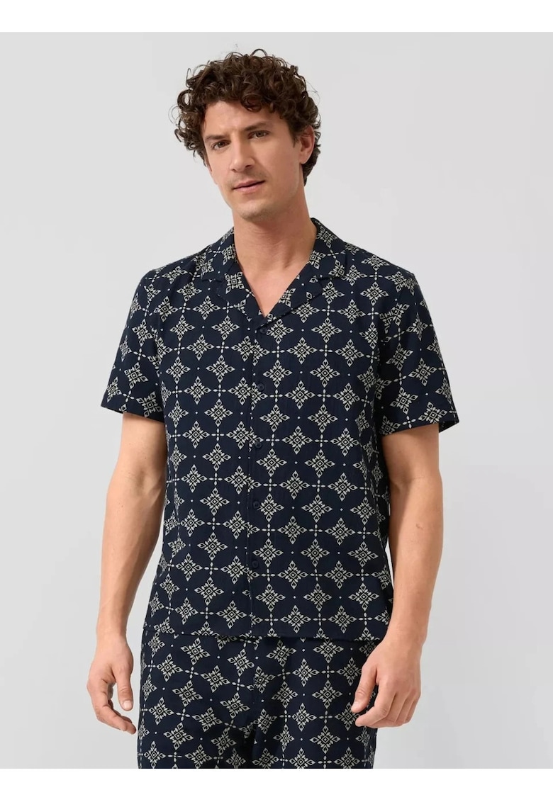 Camasa cu maneca scurta barbati - din bumbac - cu imprimeu - Resort fit - Bleumarin inchis -