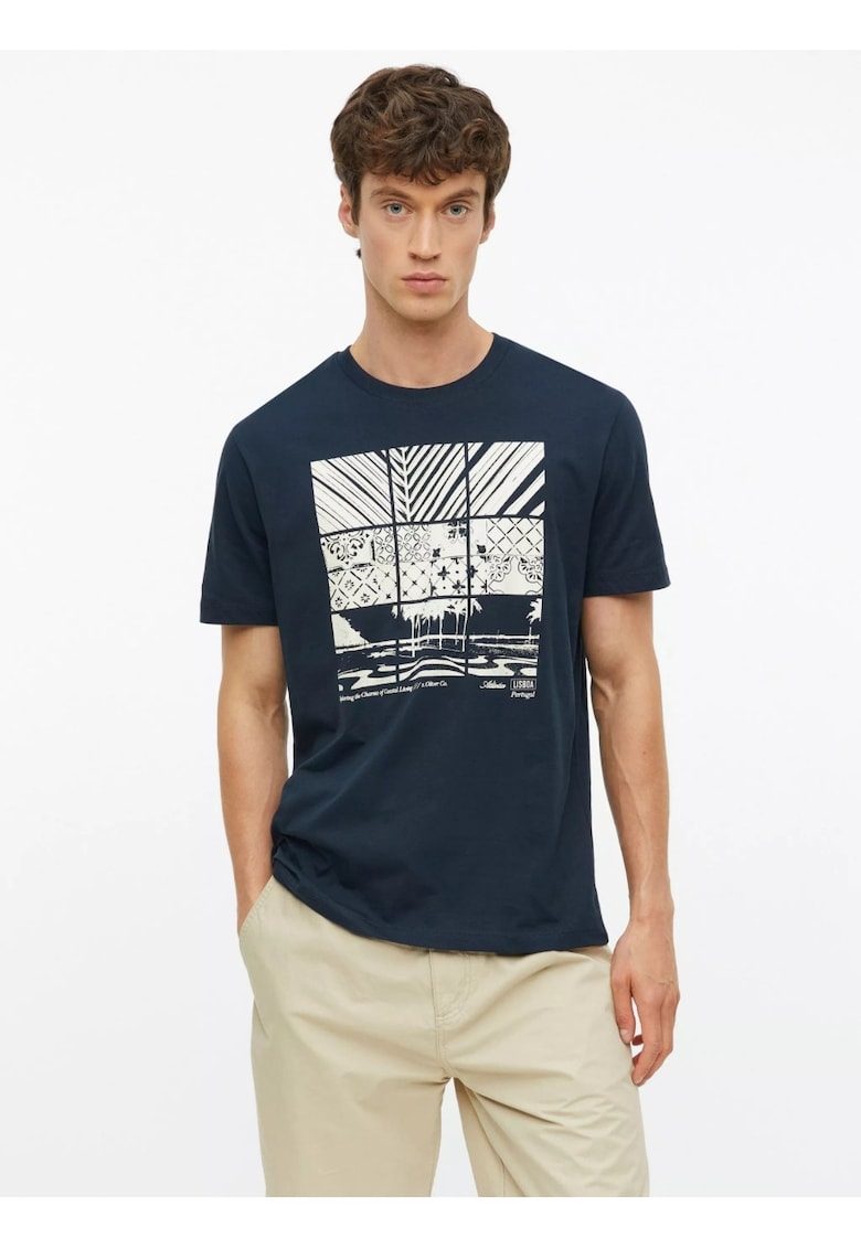 Tricou barbati - din bumbac - cu imprimeu frontal - Bleumarin inchis -