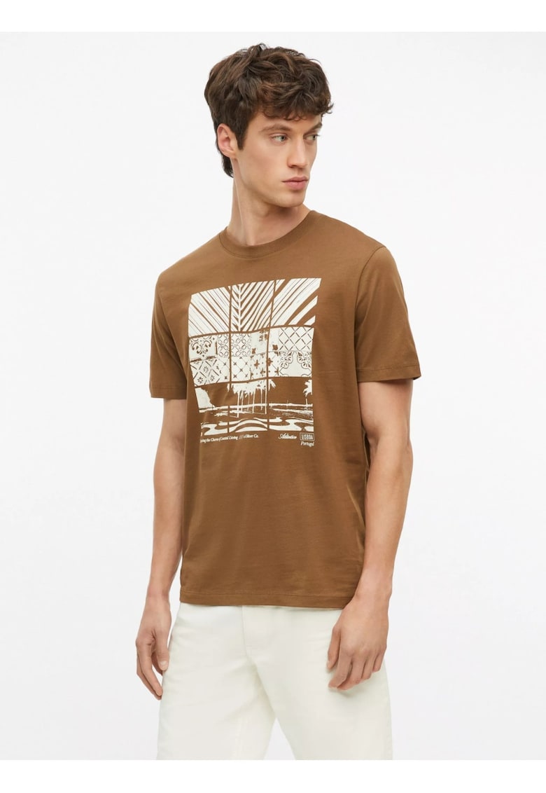 Tricou barbati - din bumbac - cu imprimeu frontal - Maro -