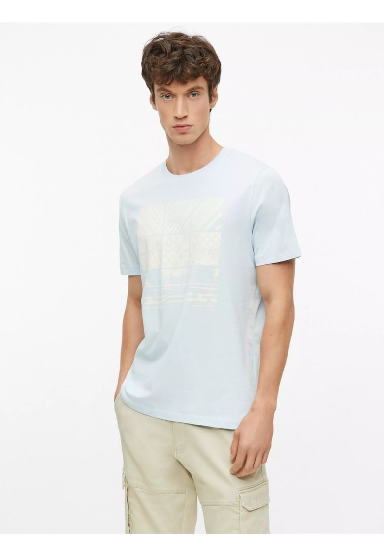 Tricou barbati - din bumbac - cu imprimeu frontal - Albastru deschis