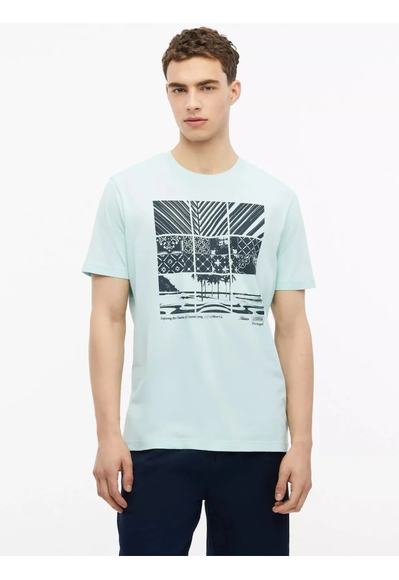 Tricou barbati - din bumbac - cu imprimeu frontal - Turcoaz deschis
