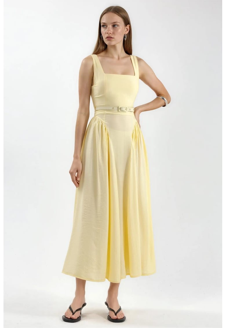 Rochie Midi Galben Lamaie - Poliester - Fara Maneci - Decolteu Patrat