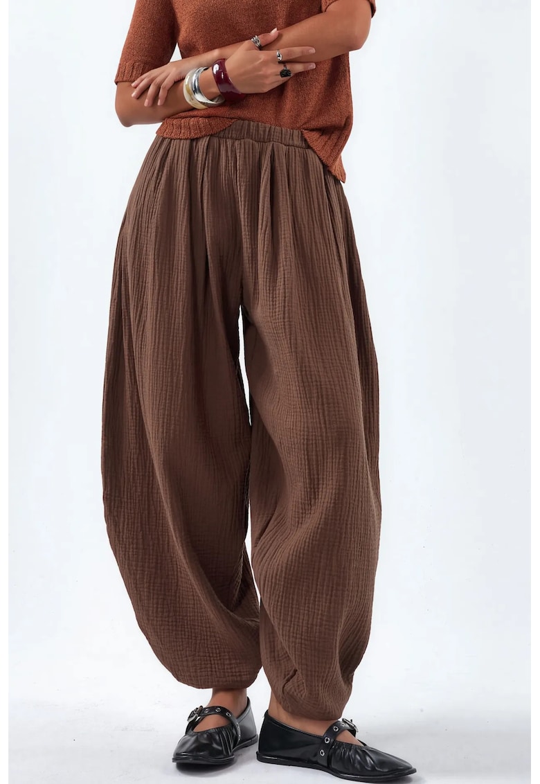 Pantaloni dama - talie elastica - croiala larga - maro cafea - bumbac-elastan