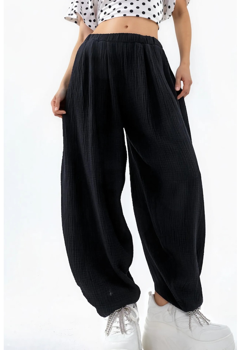 Pantaloni dama - croiala larga - talie elastica - negru - bumbac-elastan
