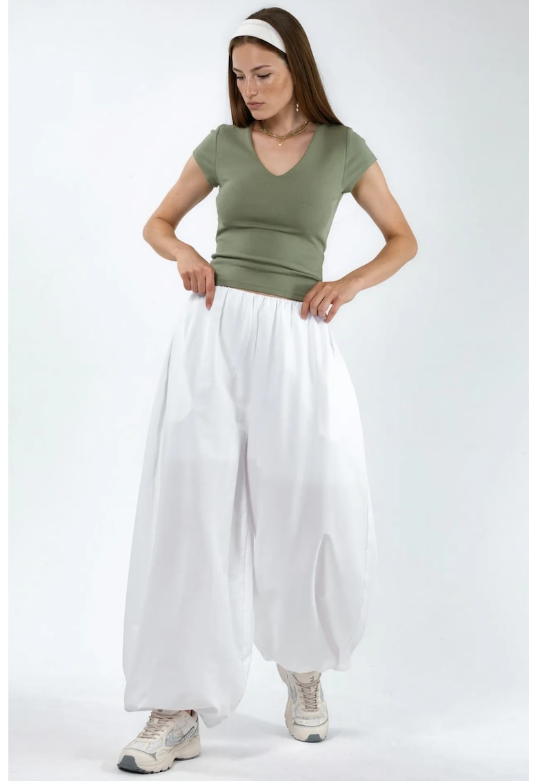 Pantaloni dama balon - elastic - alb - bumbac/poliester