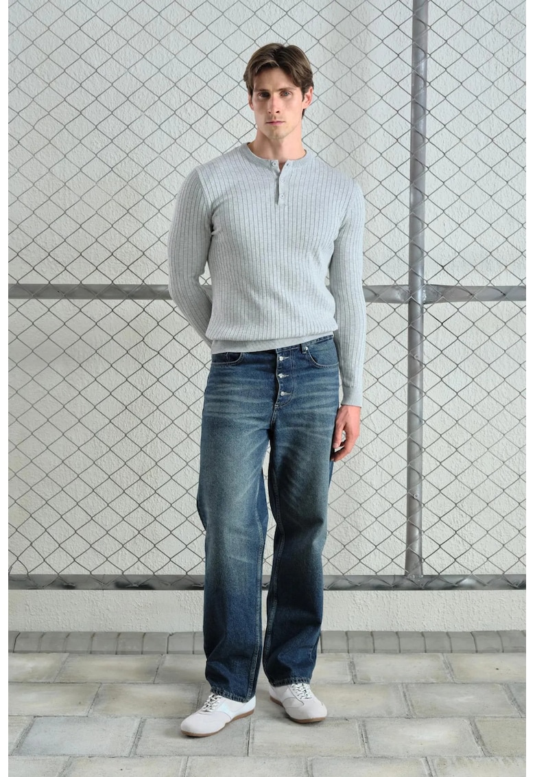Bluza Slim Fit - guler rotund - detalii cu nasturi - gri - bumbac