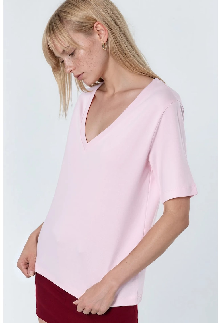 Tricou dama - tricou cu decolteu in V - croiala regular - roz pudra - bumbac