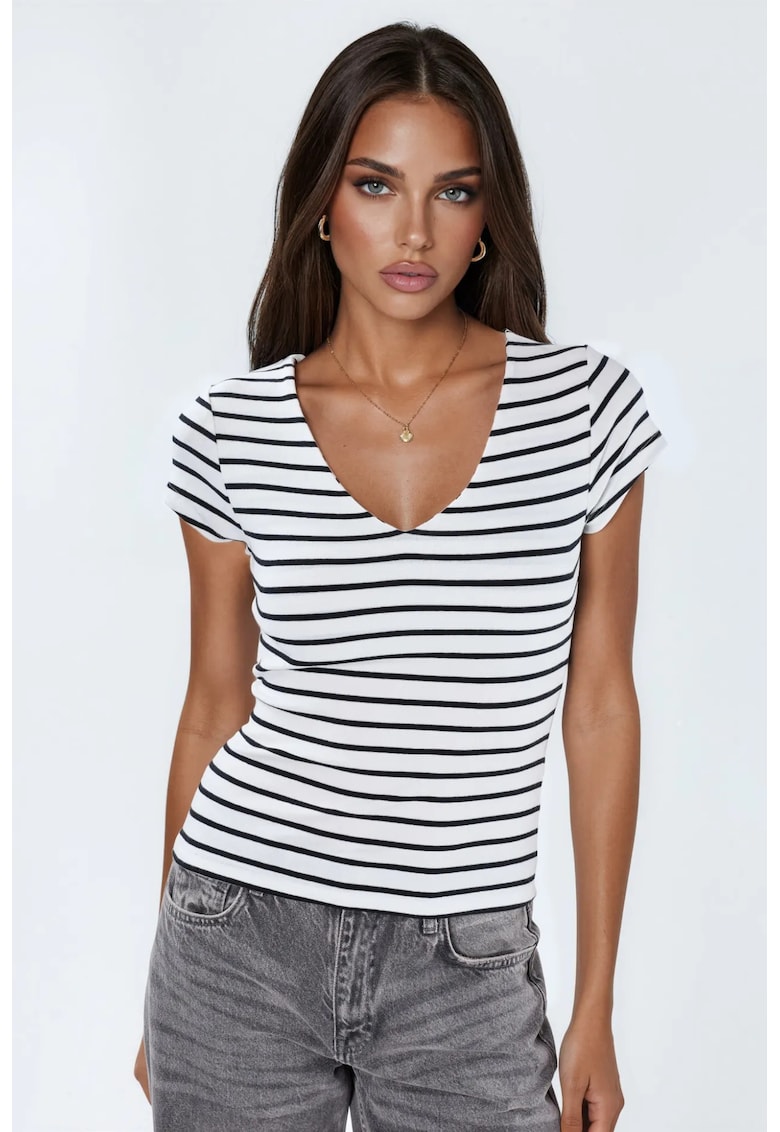 Tricou dama - casual - dungi - alb - amestec de bumbac