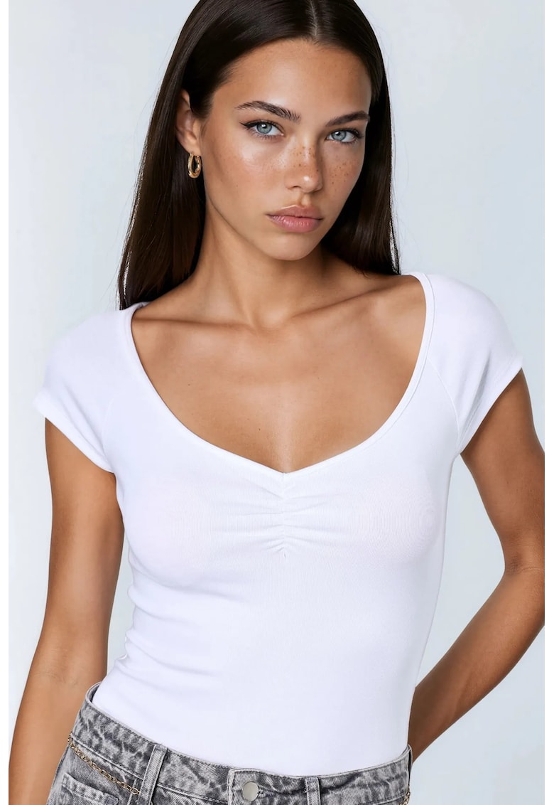 Tricou dama - decolteu in V - drapaj - alb - bumbac cu elastan