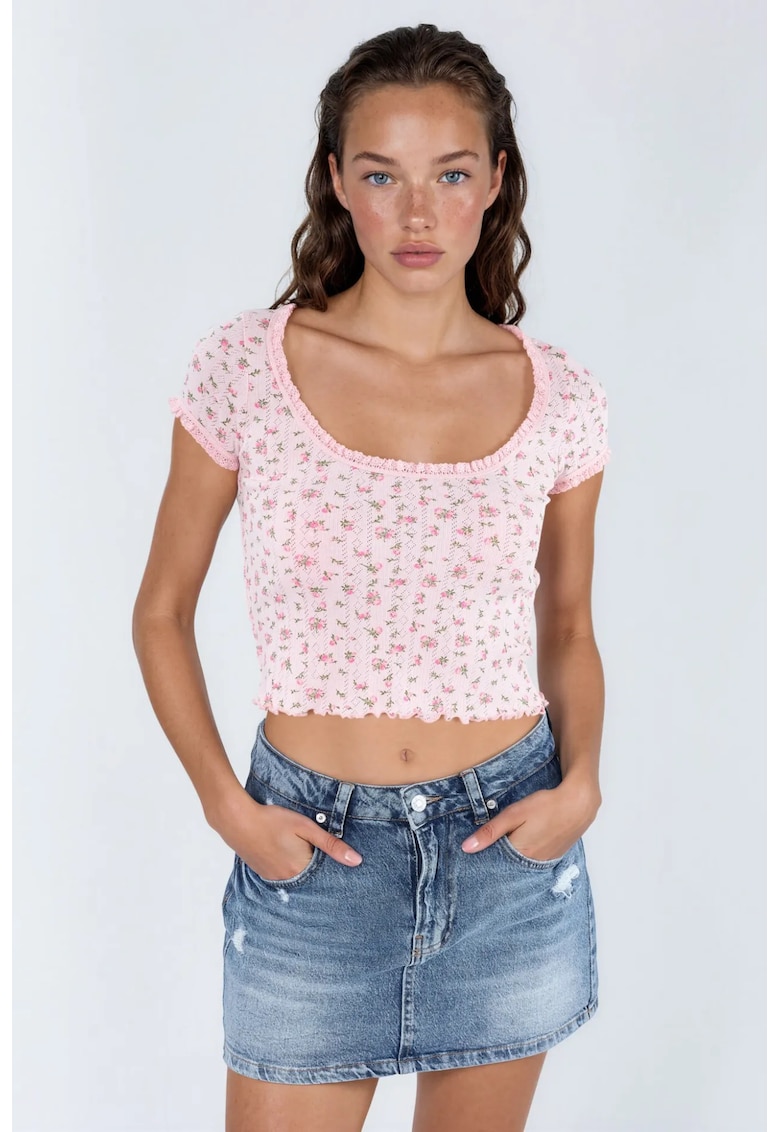 Tricou dama - floral - roz pudra - maneca scurta - volanase - bumbac si poliester