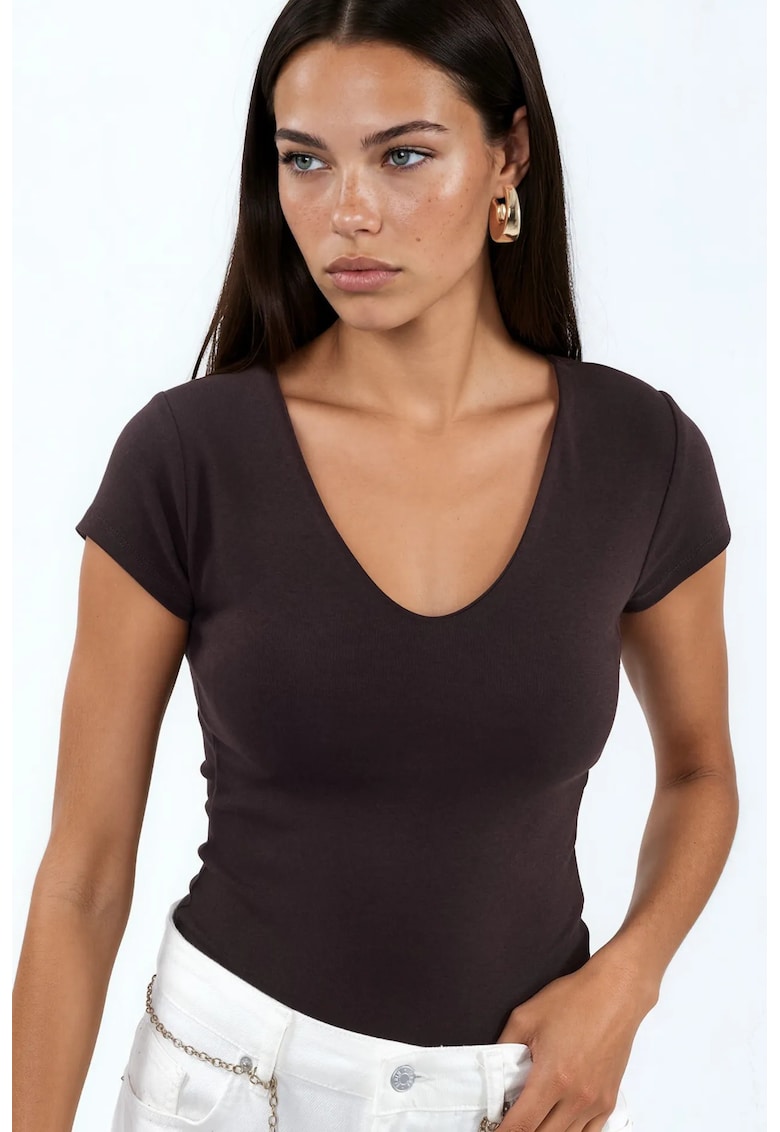 Tricou dama regular fit - decolteu in V - maro cafea - amestec modal si bumbac