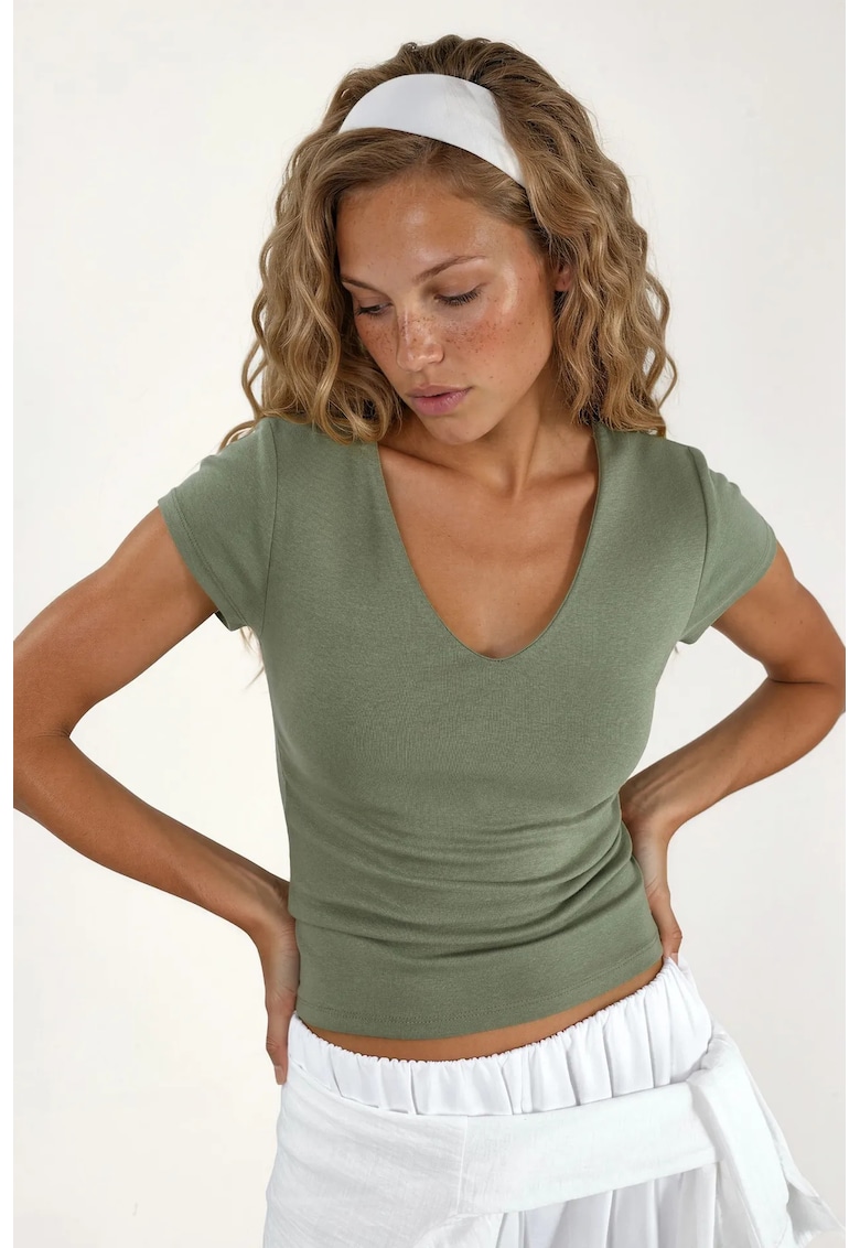 Tricou dama regular fit - decolteu in V - verde kaki - amestec modal si bumbac