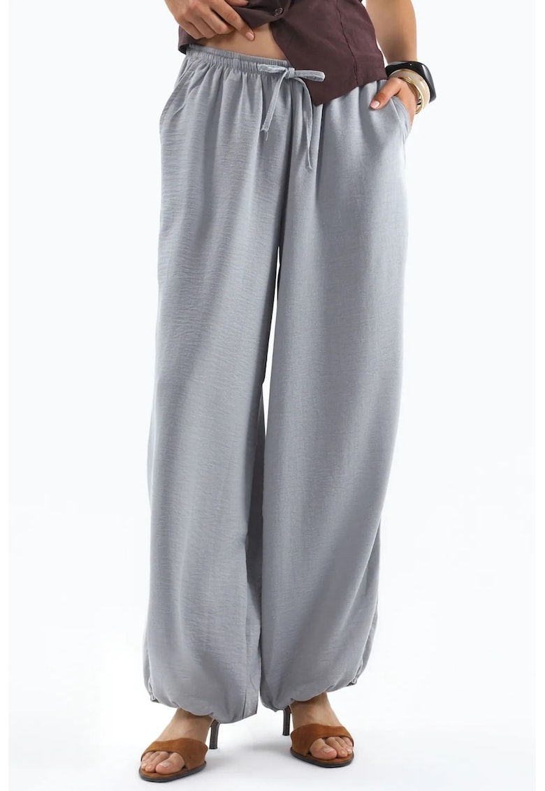 Pantaloni dama - picior larg - talie cu snur - gri - poliester
