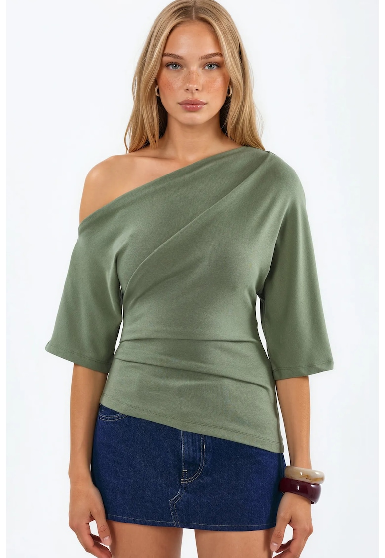 Bluza tricotata - maneca scurta - decolteu barca - verde salvie - modal-bumbac-elastan