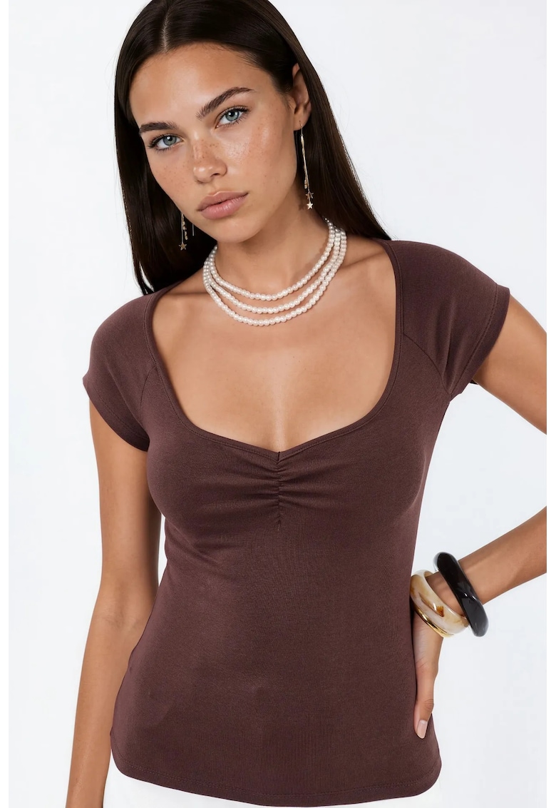 Bluza casual - decolteu in V - maneca scurta - maro cafea - bumbac cu elastan