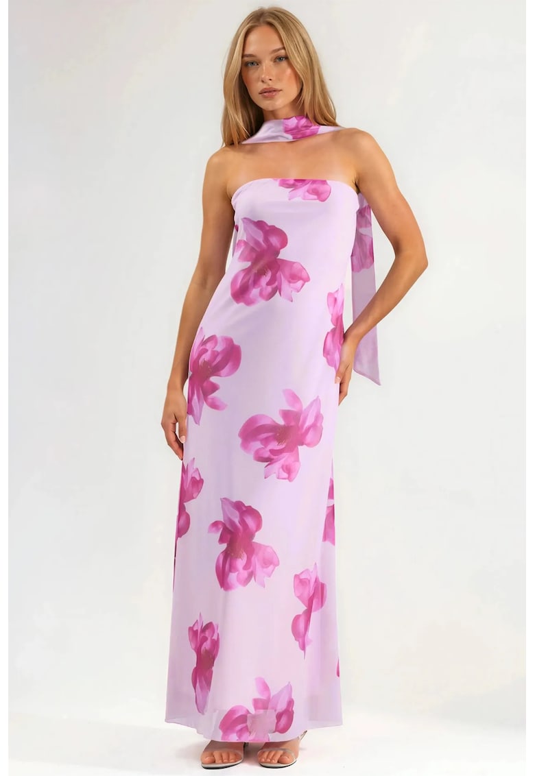 Rochie Maxi - fara bretele - imprimeu floral - roz - tul