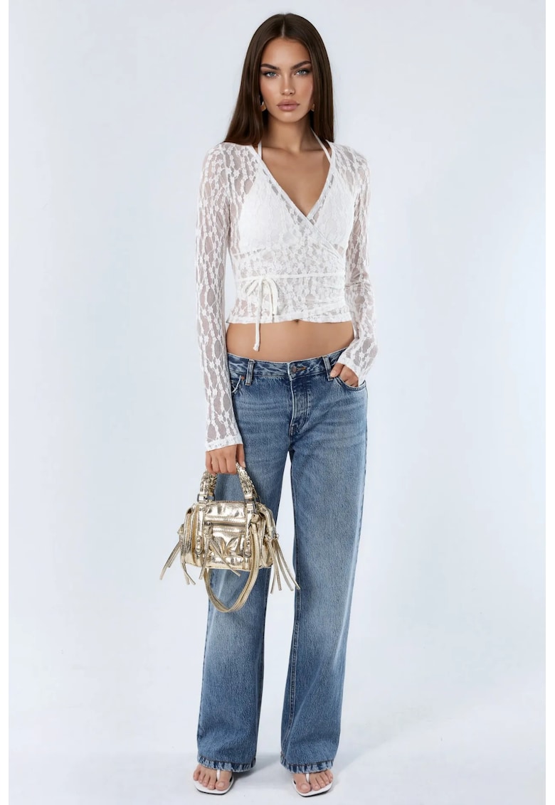 Bluza dama - Crop din Dantela - elegant - alb - poliester-elastan