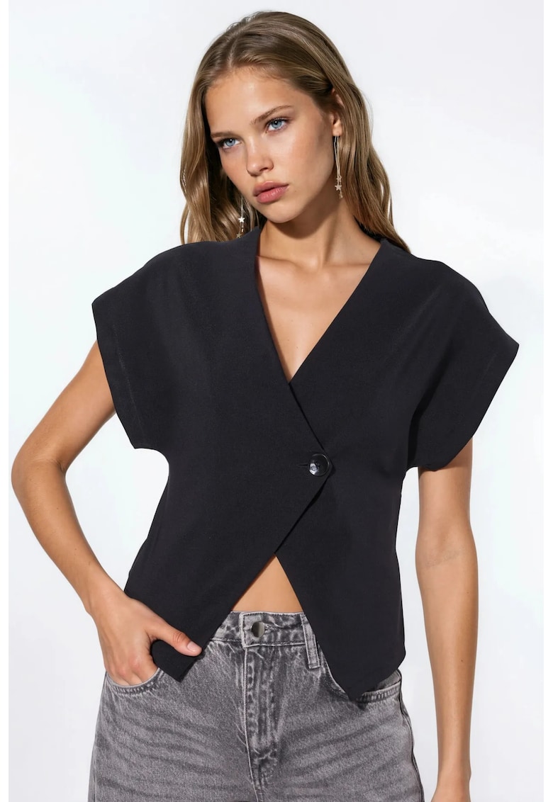 Bluza dama uni - decolteu in V - maneca scurta - negru - material de calitate