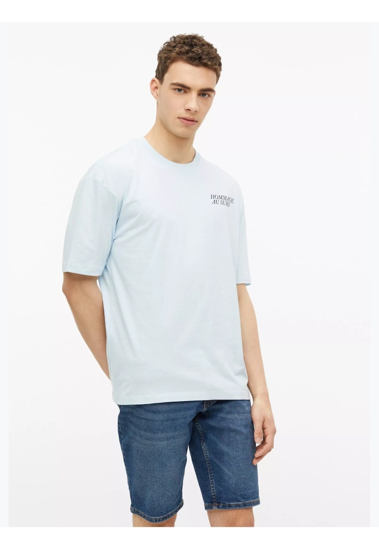 Tricou la baza gatului - barbati - cu imprimeu - Modern Fit - Albastru deschis
