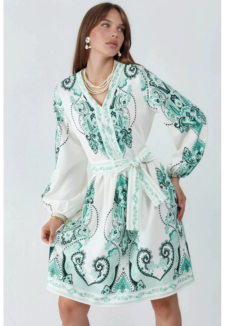 Rochie mini - verde - casual - maneca lunga - decolteu in V - 70% poliester - 25% bumbac - 5% lycra